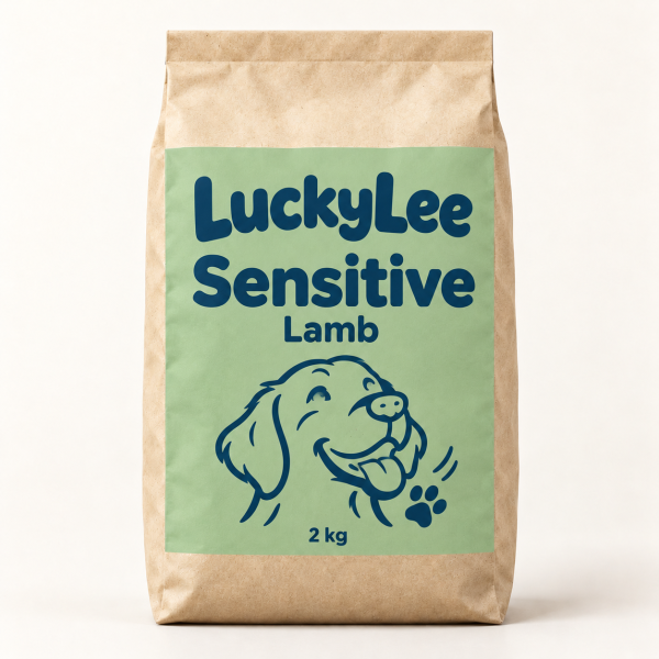 Ogledno LuckyLee Sensitive Lamb pakiranje od 2 kg sa zelenom etiketom.